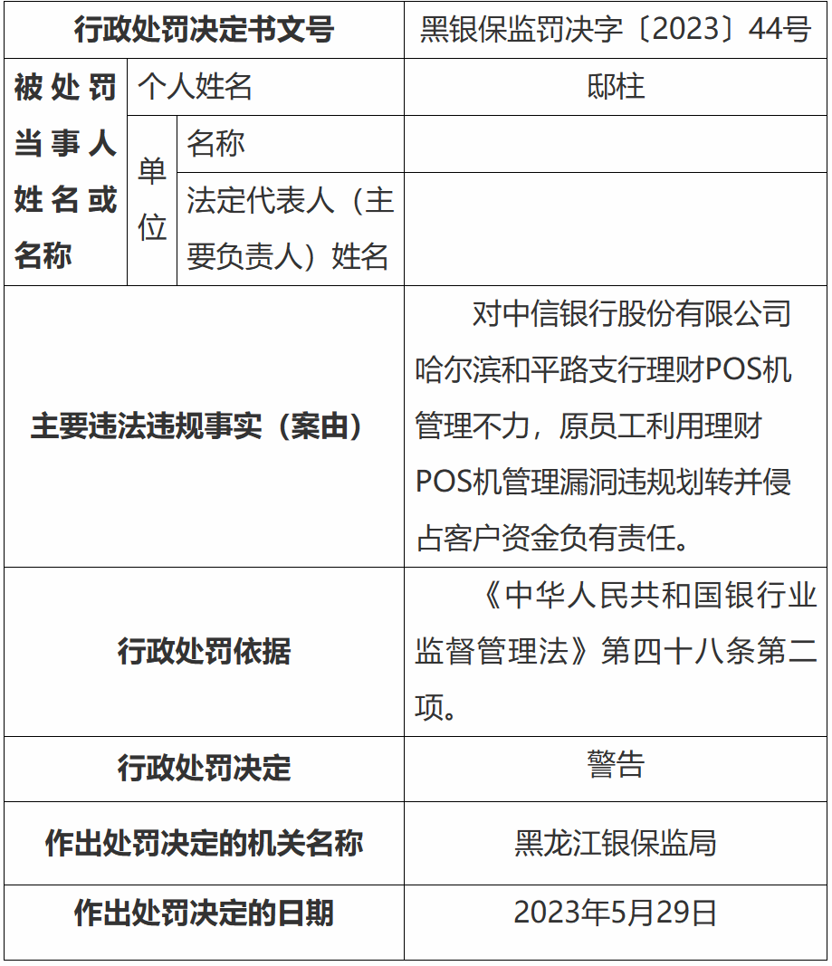 员工用理财POS机违规划转并侵占客户资金<strong></p>
<p>理财客户</strong>，中信银行多人领罚