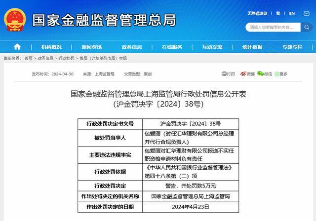 银行理财首例！汇华理财因不实报送被“双罚”<strong></p>
<p>理财汇</strong>，首席合规官任职资格被撤销